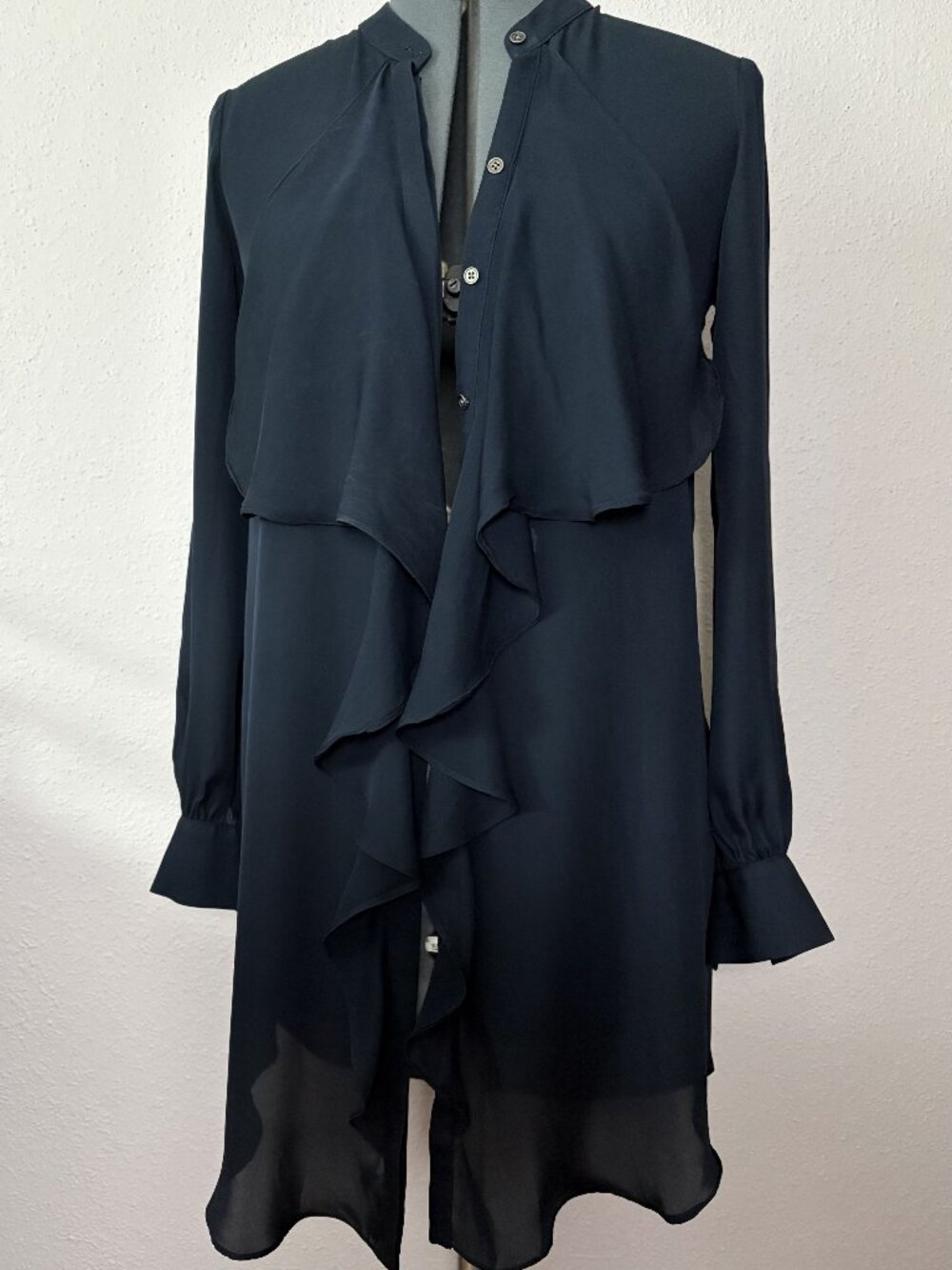 Jay Godfrey 100% Silk Navy Cascading Ruffle Button Front Blouse Size 4